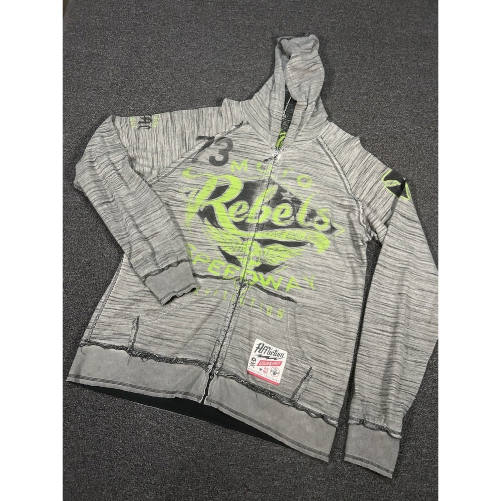 VTG Affliction Full Zip Hoodie Men 2XL Gray Grunge Loud Fast Skull Reversible